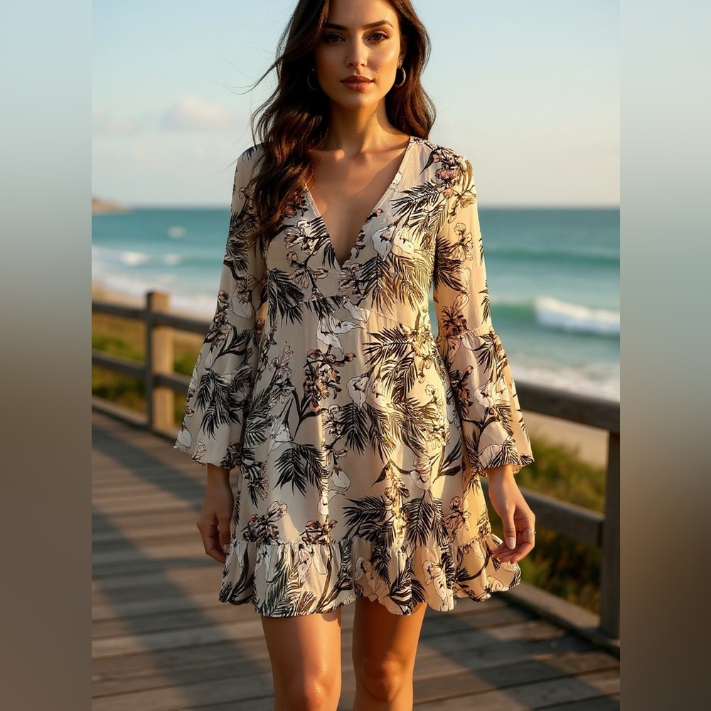 Floral V-Neck Beige Mini Dress with Bell Sleeves